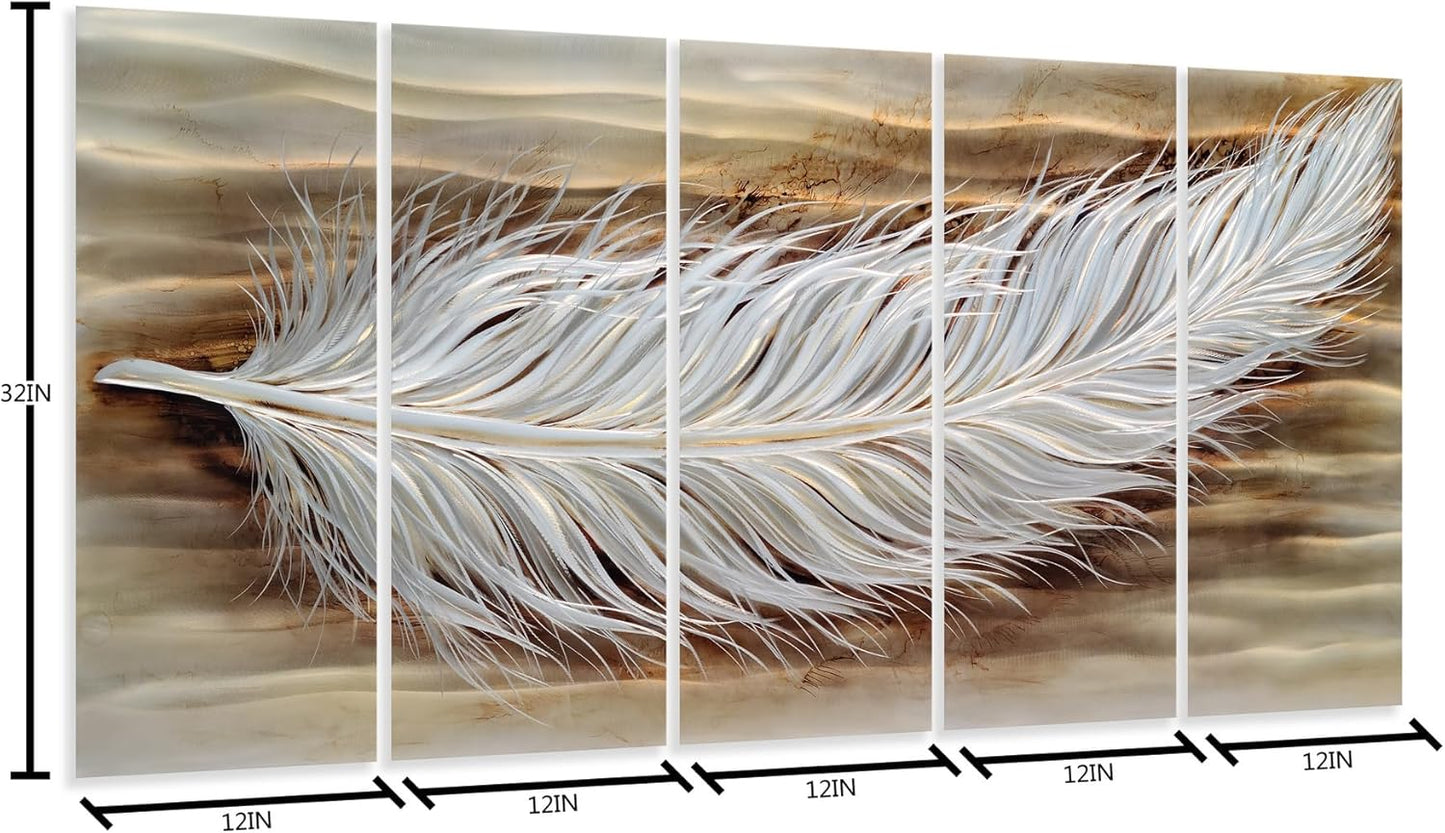 Yihui Arts Rustic Metal Wall Art - Feather 3D Aluminum Still Life Sculpture for Living Room or Farmhouse Bedroom Decor