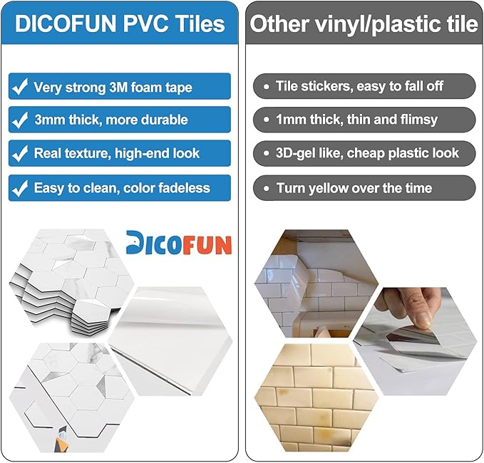 DICOFUN 1 Sheet Hexagon Tile Peel and Stick Backsplash, White Marble Look PVC Mixed Silver Metal Mosaic Tiles for Kitchen and Bathroom