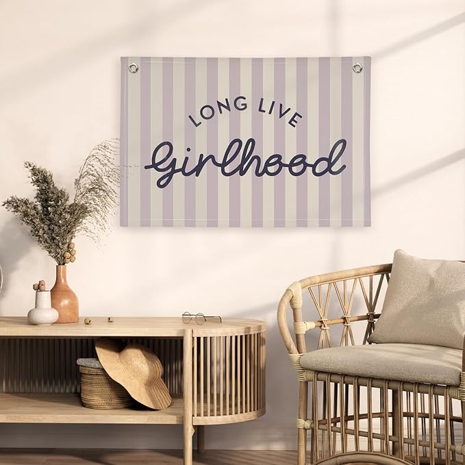 Purple Girls Room Decor Long Live Girlhood Banner, Vintage Stripes Flag Banner Nursery Playroom Wall Decor for Girls Bedroom Dorm Toddler Decorations Teen Girls Kids Room 30x20,girlroom