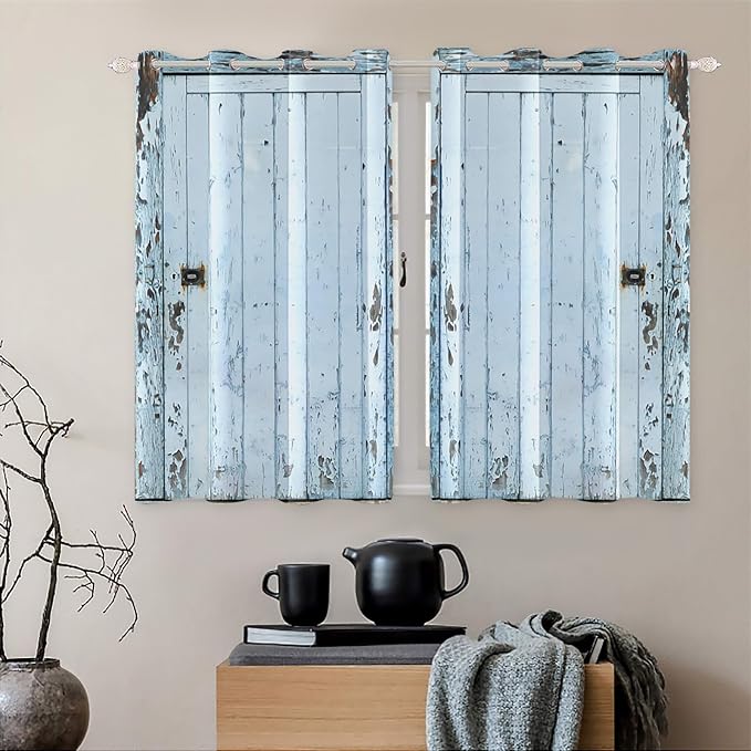 Wooden Barn Door Window Curtains Vintage Blackout Kitchen Curtains Rustic Country Farmhouse Garage Decor Light Blue Wood Planks Print Window Drapes for Living Room Bedroom,42x63 inch,2 Panels