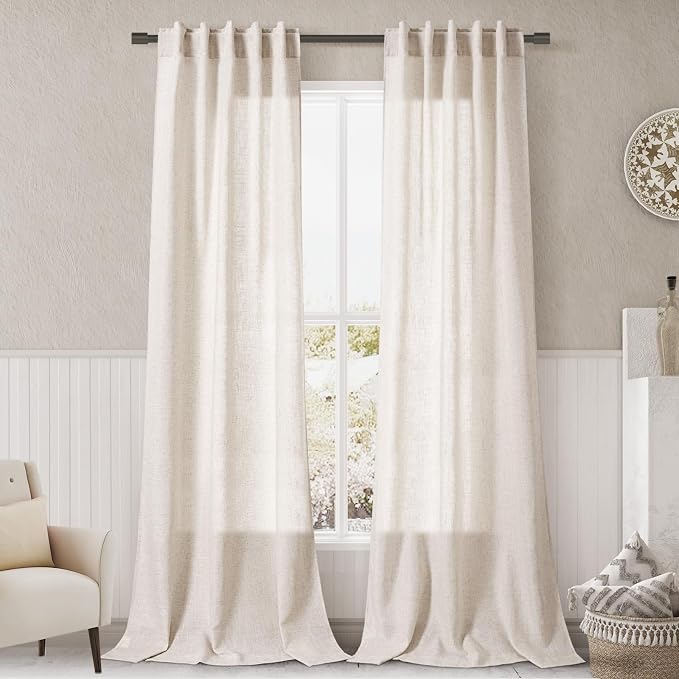 Beige Linen Curtains 84 Inches Long for Bedroom Back Tab Light Filtering Privacy Sheer Curtains Modern Farmhouse Coastal Decor Linen Cotton Textured Gauze Curtain for Living Room 2 Panel Set 36x84