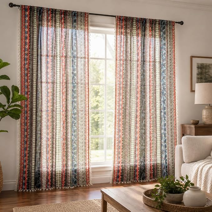 VOGOL Boho Tassel Window Curtains, 1 Panel Geometric Striped Bohemian Style Country Curtain, Cotton Linen Drapes for Bedroom Living Room, 59 x 63 Inches