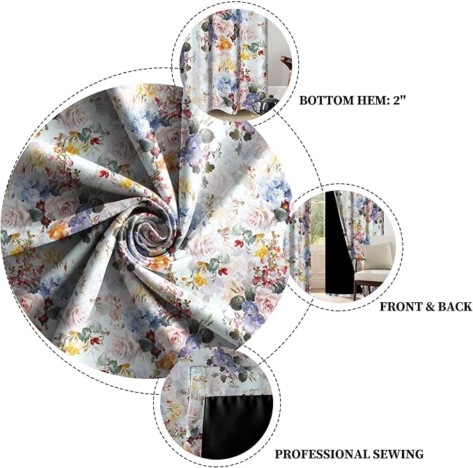 Renaiss Flower Blossom Curtains Watercolor Floral Painting Thermal Insulated Window Curtains for Living Room Bedroom Blackout Window Drapes Grommet Top 29W x 55L Inch 2 Panel Set