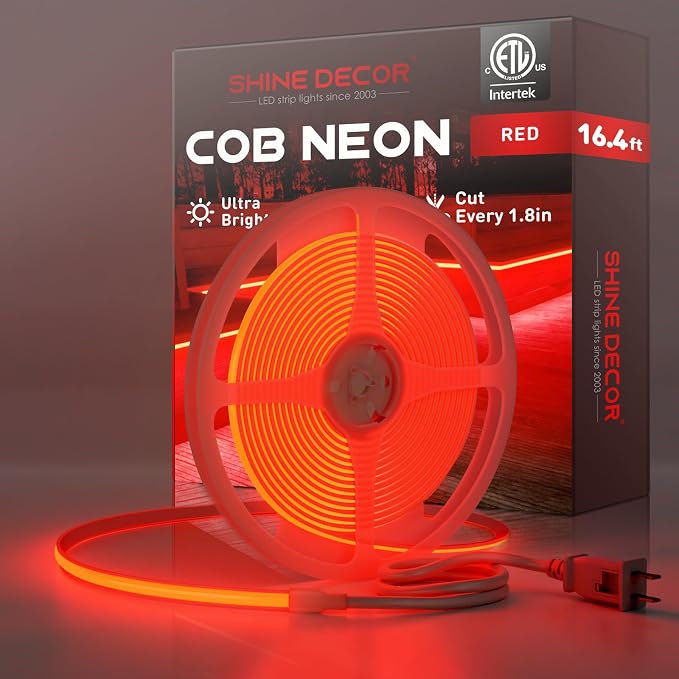 Shine Decor COB LED Rope Light AC 120V, 800lm Ultra Bright, IP65 Waterproof Cold-Resistant ETL Neon Strip, No Driver Tape Lighting for Home Commercial 10x4.5mm, Red, 16.4ft