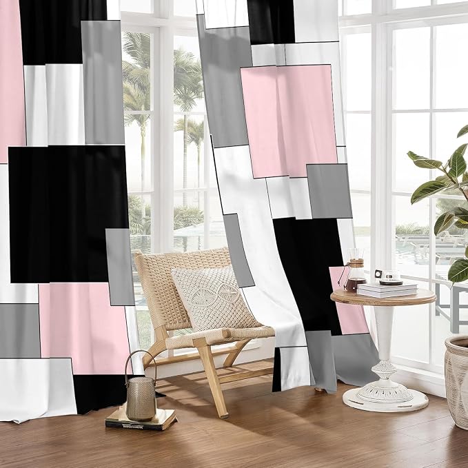 Pink and Black Curtains 84 Length for Living Room Modern Pink Black Geometry Curtains Grey Abstract Rod Pocket Curtain for Bedroom Kitchen Girls Room Window Drapes 2 Panels