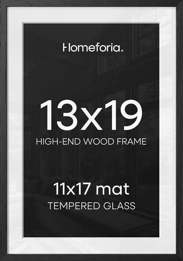 Homeforia 13x19 Picture Frame Black Wood, High End Oak 13x19 Frames with Mat 11x17 Photo, 13 x 19 Wooden Poster Frame Matted to 11 by 17 Print, 19x13 Hanging Frames, Tempered Glass, Wall Kit, Set of 1