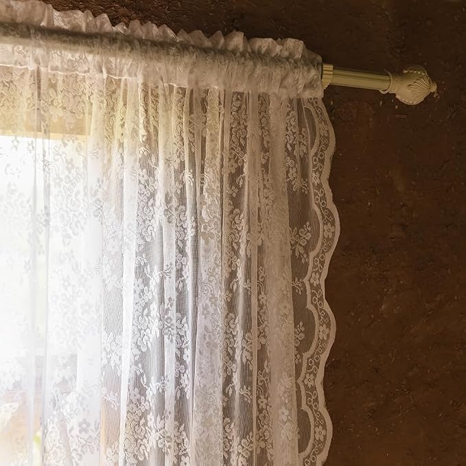 YJ YANJUN Vintage Lace Curtains 108 Inches Long-Victorian Floral White Sheer Curtain Panels for Patio Sliding Door Living Room Embroidered Scalloped Floor to Ceiling Drapes 9ft 104 Wide 2 Panels