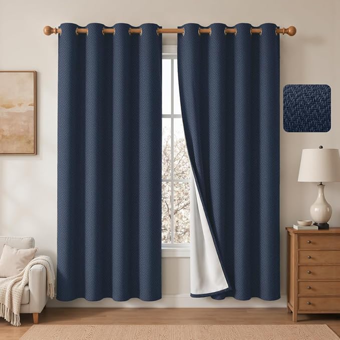 2 Panels 100% Blackout Linen-Textured Curtains, Thick Thermal Insulated Grommet Drapes with Subtle Herringbone Weave, Luxury Decor for Bedroom/Living Room, 54 x 72 Inches, Navy