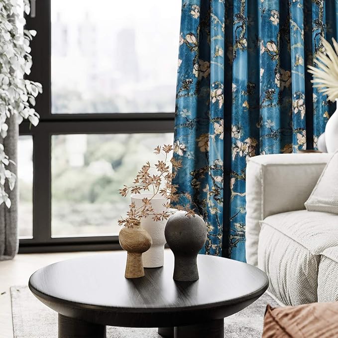 Taisier Home Chinese Style Plum Blossom Curtains - Blue Artistic Print, 84 Inches Long for Living Room and Bedroom - Personalized Pattern Window Treatment, 2 Panels Set
