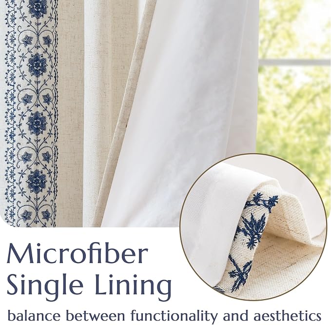 jinchan Weslie Boho Lined Linen Curtains for Bedroom Blue Vintage Floral Farmhouse Curtains 63 Inch Length Linen Drapes for Living Room Embroidered Drapes Rod Pocket Blue on Beige 2 Panels