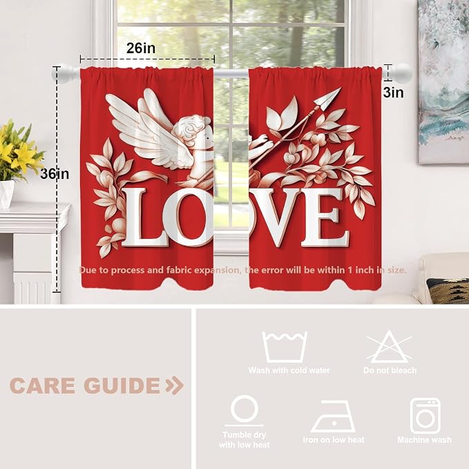 Shrahala Cupid Love Blackout Curtain Tiers, Romantic Love Kitchen Valance Light Blocking Tier Drapes with Rod Pocket, 2 Pack 26 X 36 in