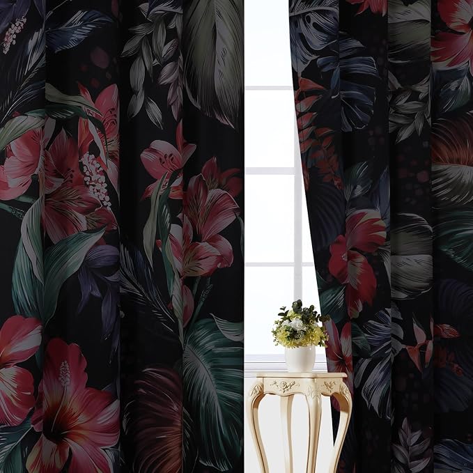 Estelar Textiler Boho Floral Thermal Insulated Blackout Curtains for Bedroom 96 inch Long 2 Panels，Garden Flowers and Leaf Farmhouse Mid Century Black Out Grommet Drapes for Living Room，52Wx96L