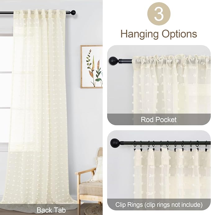 Sheer Cream Curtains for Girls Bedroom 90 Inches Long Pom Pom Tufted Design Butterfly Cute Boho Shabby Chic Farmhouse Curtains for Kids Living Room 90 Inch Length 2 Panels Back Tab Rod Pocket 52x90