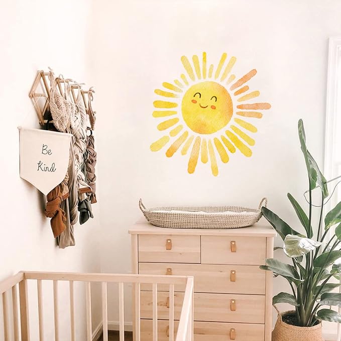 Large Sunshine Nursery Decor, Smile Sun Wall Decal for Playroom, Classroom and Party, Watercolor Sun Glow
