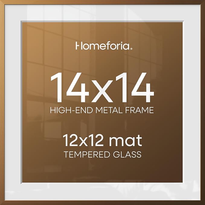Homeforia 14x14 Picture Bronze Frame, High End Metal 14 x 14 Square Poster Frame with Mat 12 x 12 Photo, 14x14 Brass Frame Matted to 12x12 Print, 14by14 Thin Frames, Tempered Glass, Wall Kit, Set of 2