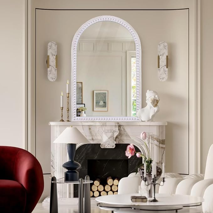 36x24 Inch Arched Mirror for Wall Decor, Wooden Arched Bathroom Mirrors | Subtle Bead Look Border Brings Boho Warmth to Powder Rooms, Bedrooms, Living Areas, Apartments, Entryway, and Cozy Halls
