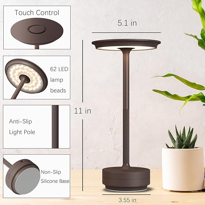 Rechargeable Cordless Table Lamps,Portable 5000mAh Table Light Touch 3 Color Stepless Dimming Battery Powered LED Metal Table Lamp for Restaurant/Home/Outdoor/Camping.(Rust)