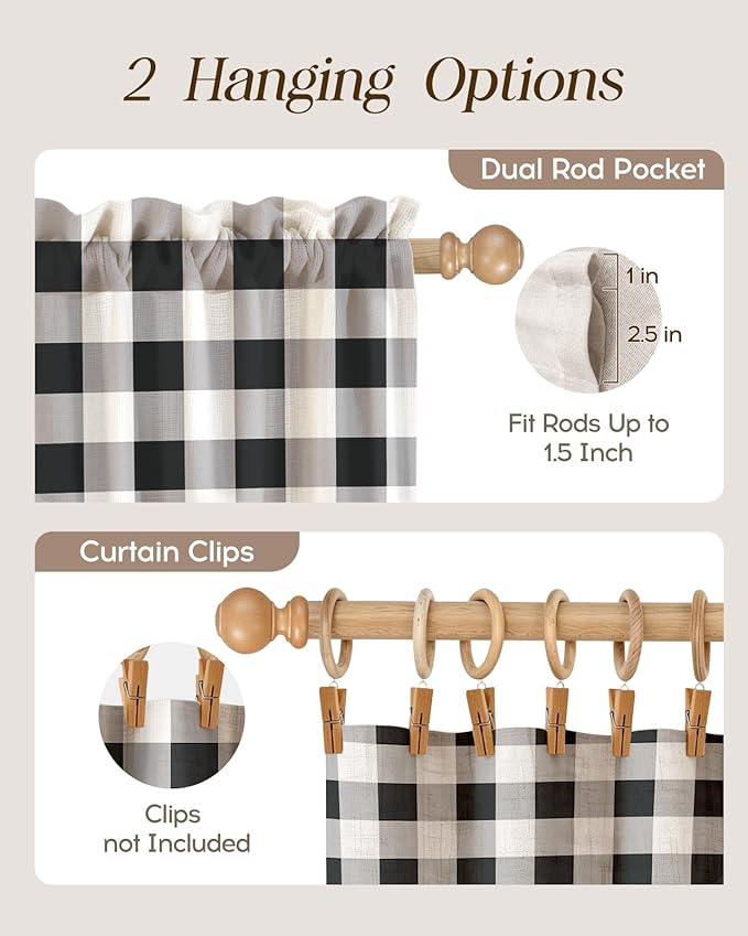 Miss Adola Farmhouse Kitchen Tier Curtains - 45 Inch Length Linen Blend Cafe Curtains Plaid Checkered Small Window Treatments Over Sink Rod Pocket for Bathroom Living Room Light Filtering, 2 Panels