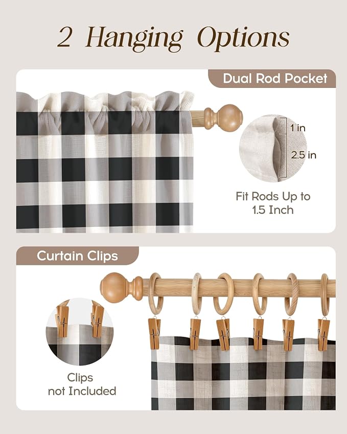 Miss Adola Farmhouse Kitchen Tier Curtains - 36 Inch Length Linen Blend Cafe Curtains Plaid Checkered Small Window Treatments Over Sink Rod Pocket for Bathroom Living Room Light Filtering, 2 Panels