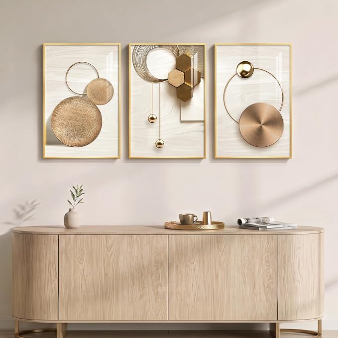 Framed Modern Luxury Gold Wall Art for Living Room, 3 Piece Bright Style Art Prints Paintings Artwork for Walls, Bronze Cirle Geometric Pictures for Dining Room Office Bedroom Hallway Wall Decor 16x24 In