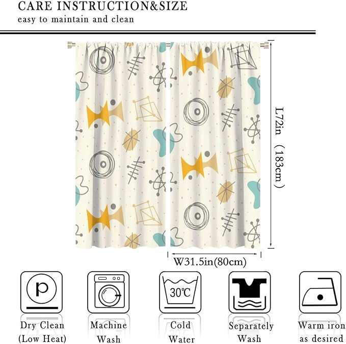 JESTRONRY Mid Century Modern Curtains,Vintage 1950s Atomic Stars Abstract Geometric Shapes Window Treatments Curtains for Living Room Bedroom Kitchen Bathroom Home Decor C 63x72in