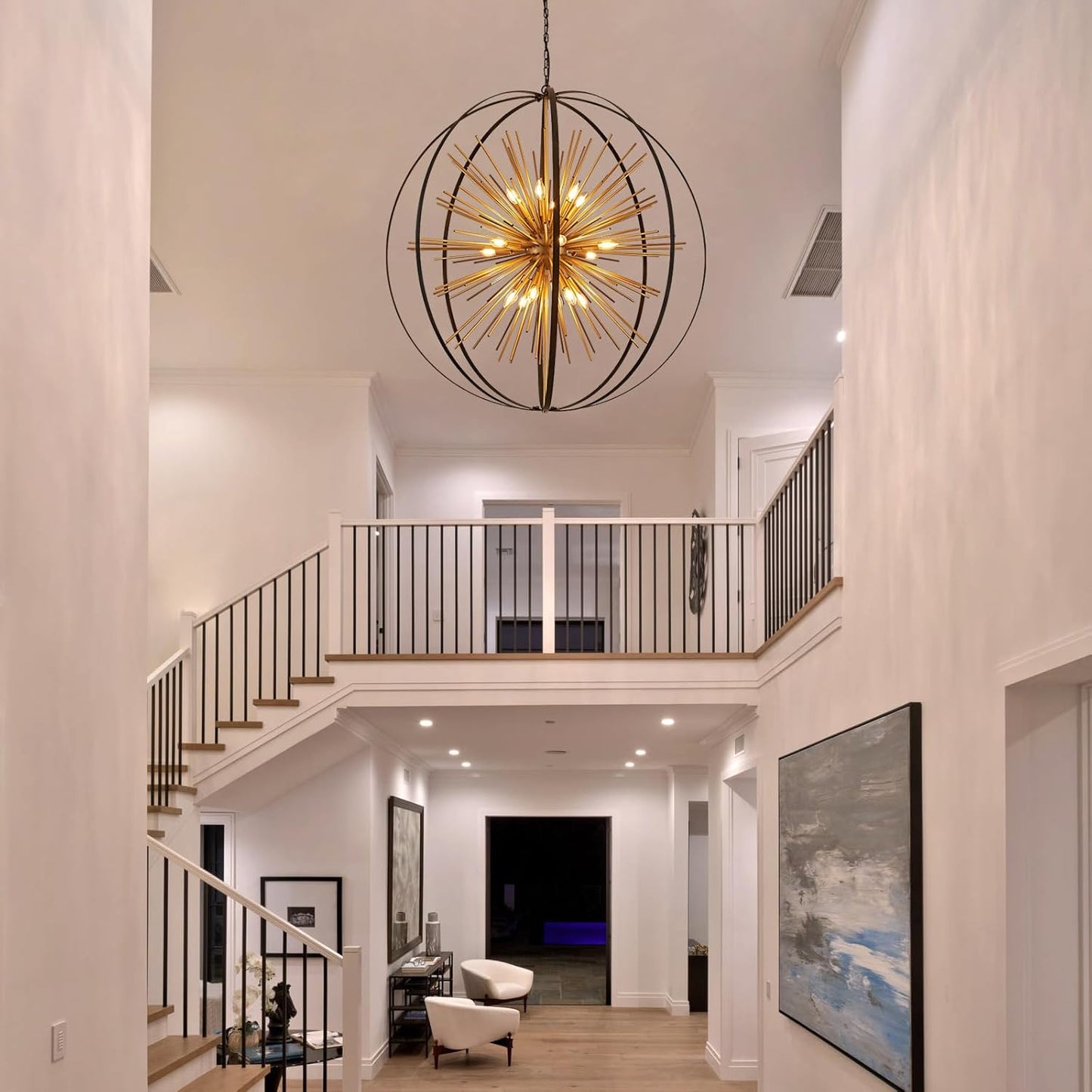 43.3" Black Gold 18-Light Globe Sputnik Chandelier Modern Adjustable Hanging Ceiling Firework Pendant Light Fixture for Entryway Foyer Stairway Kitchen Dining Living Room Hallway