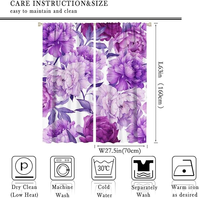 Floral Blackout Window Curtain Purple Blooming Flowers Style Print for Home Kitchen Restaurant Decoration Drapes 2 Panels 55x63in