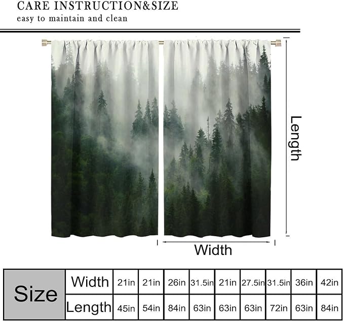 Forest Curtains, Nature Green Spring Foggy Mountain Peaks Vibrant Forest Plants Trees Blackout Window Treatments, Thermally Insulated Drapes for Kids Boys Girls Living Room Bedroom 55x63in