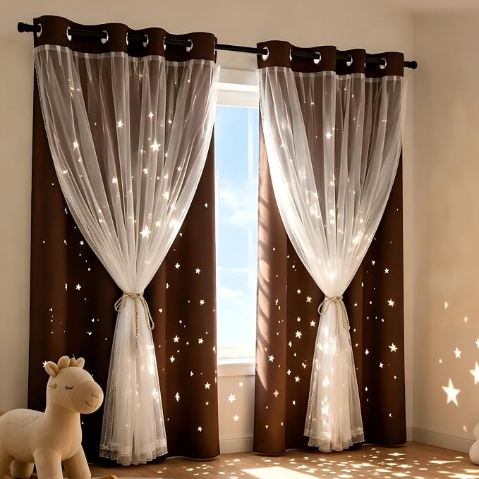 Kids Blackout Curtains for Bedroom/Living Room/Classroom, Sheer Overlay Extra Long 2 Panel Set, Double Layer Curtains with Star Cutout for Kids Room(W 52 x L 108 Inches,Chocolate 2 Pcs)