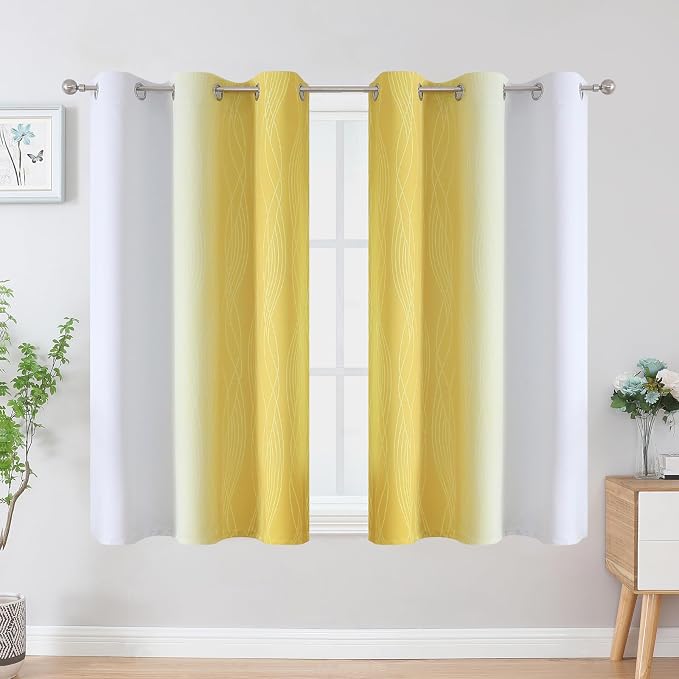 Estelar Textiler Yellow and Greyish White Ombre Blackout Curtains 45 Inch Length 2 Panels, Full Room Darkening Gradient Drapes for Bedroom,Thermal Insulated Grommet Short Curtains for Bathroom,42Wx45L