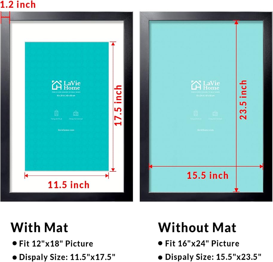 LaVie Home 16 x 24 Picture Frame Black Poster Frame,Display Pictures 12x18 with Mat or 16x24 Without Mat, Stable and Sturdy Frame and Polished Plexiglass, Suitable for wall decoration（1 Pack）