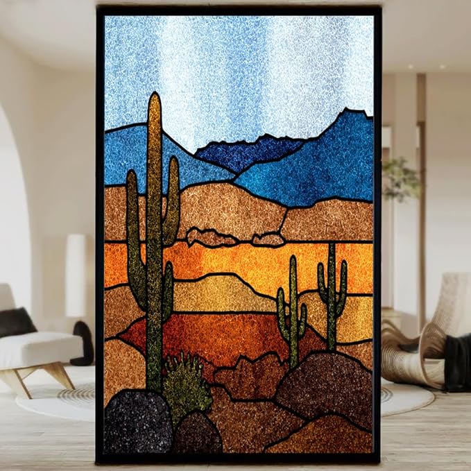 Abstract Desert Frosted Window Film, Colorful Cactus Texture Landscape Stained Glass Privacy Film, Heat Insulation Self-Adhesive Vinyl for Bathroom Office, 15.7Wx35.4L inch