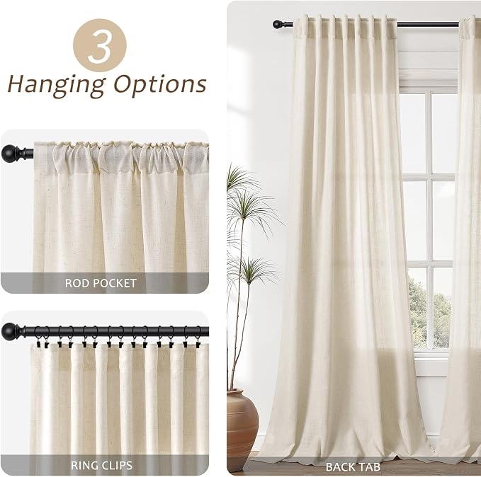 Aersas Birch Beige Linen Curtains 120 Inches Length for Living Room Flax Texture Wave Fabric Semi Sheer with Rod Pocket Back Tab for Bedroom Balcony Light Filtering Neutral Home Decor 52x120