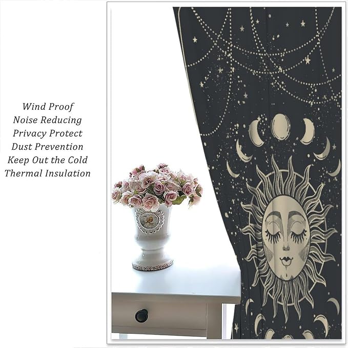 Sun Moon Blackout Curtains, Sun Moon Phases Stars Magic Bohemian Golden Mystical Window Treatment Drapes for Bedroom Living Room 63" W X 72" L