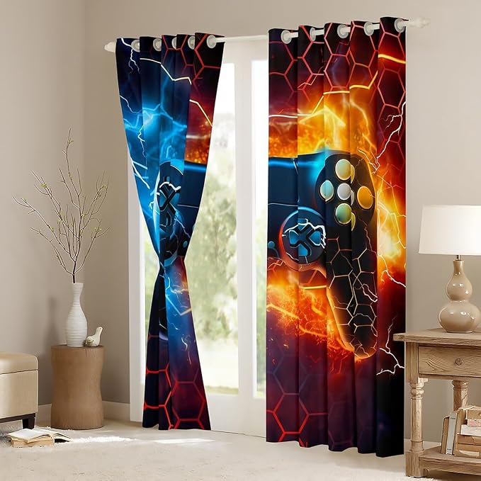 Feelyou Kids Boys Blue Red Gamer Darkening Drapes Honeycomb Gaming Blankout Curtains for Lightning Gamer Window Curtains Game Room Decor Window Treatments (2 Panels, 42 x 63 Inch)