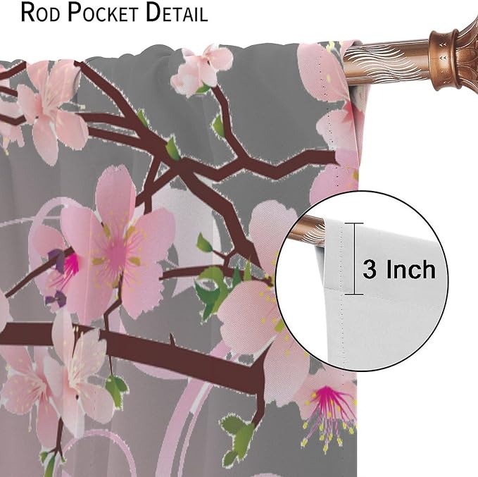 Cherry Blossom Curtains,Pink Flower Japanese Floral Print Window Treatments for Bedroom Living Room Kitchen Polyester Fabric Window Drapes 2 Panels Set,Total Size 52 x 84 Inch