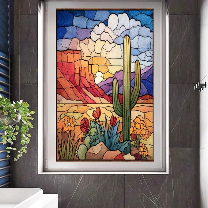 Colorful Desert Stained Glass Window Film, Artistic Cactus Landscape Peel and Stick Privacy Film, Frosted Adhesive Vinyl Decorative for Bathroom Windows Glass Doors, 19.7Wx31.5L inch