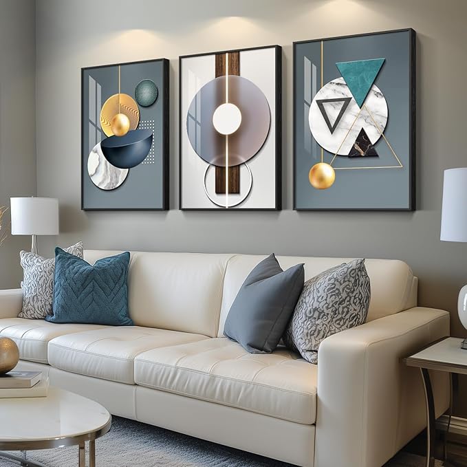 Large Framed Modern Luxury Wall Art for Living Room, 3 Piece Abstract Blue Green Paintings Wall Decor, Bright Style Geometry Prints Artwork with Black Frame for Office 24x36 Inch
