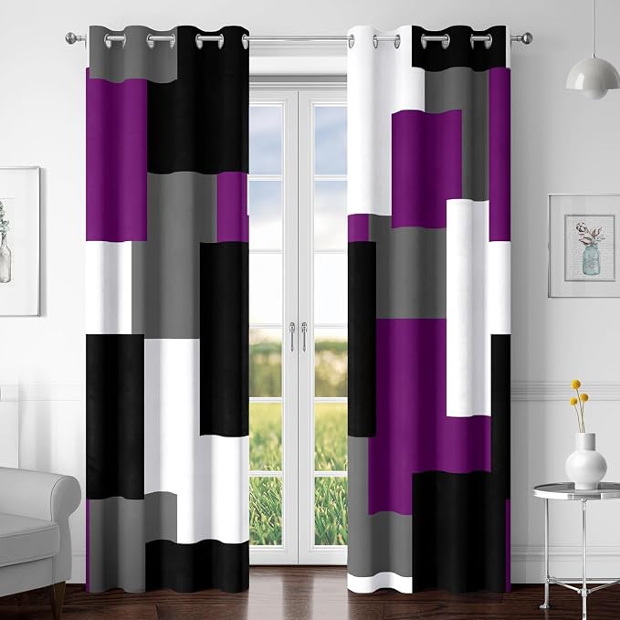 Tyrot Purple 100% Blackout Curtains for Bedroom 63 inch Length 2 Panels Set Black Grey Modern Abstract Geometric Black Out Curtains Insulated Room Darkening Window Drapes for Living Room, 52Wx63L