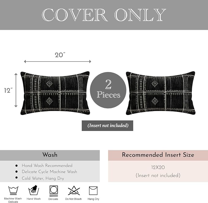 BlissBlush Decorative Lumbar Pillow Covers 12x20 Set of 2, Boho Textured Chenille Accent Rectangular Throw Pillow Covers for Couch Sofa Living Room Home Décor, Black (Cover Only)