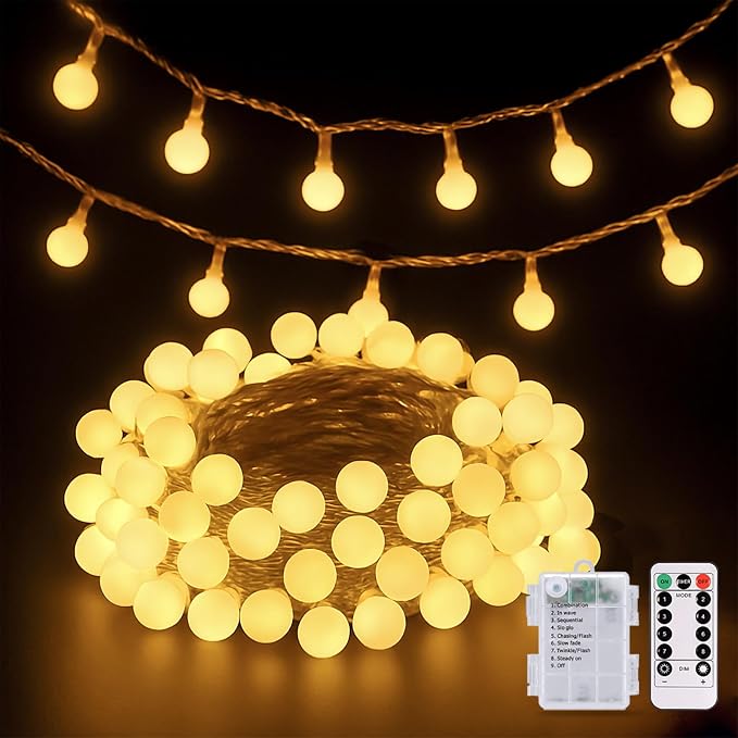 JMEXSUSS Warm White 100 LED Globe Battery Operated Christmas Lights Indoor | 33ft Battery Powered String Lights Outdoor Waterproof, Christmas String Light with Remote Timer for Bedroom Camping Decor