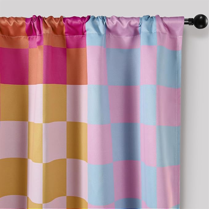 RoomTalks Multicolored Checkerboard Blackout Window Curtains for Bedroom Living Room 84 Inches Length 2 Panels, Mid Century Modern Aesthetic Curtain Panels Colorful Vibrant Checkered Window Drapes