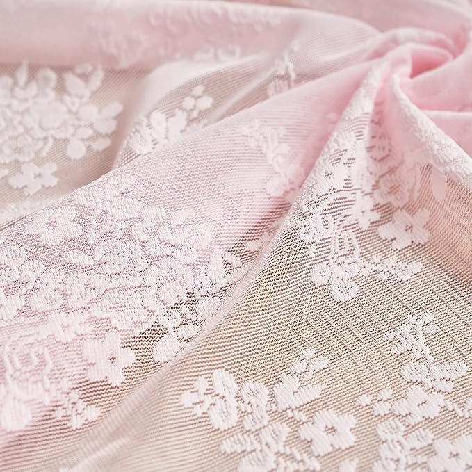 YJ YANJUN Vintage Lace Curtains Short Pink Floral Curtains 54 inch Length 2 Panels for Kitchen Living Room Bedroom Bathroom Window Voile Sheer Panels Baby Girl Nursery Decor 52" W x 54" L, Pink