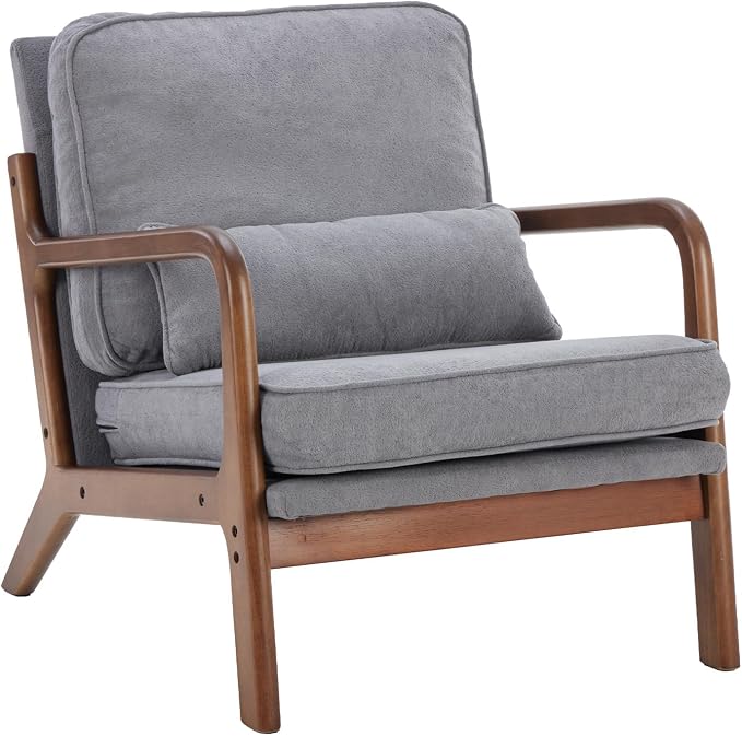 DUMOS Mid Century Modern Accent Chair, Armchair with Lumbar Pillow and Waist Cushion, Solid Wood Frame Lounge Chair for Living Room, Bedroom, Reading Nook, Small Apartment Corner, Classic Grey