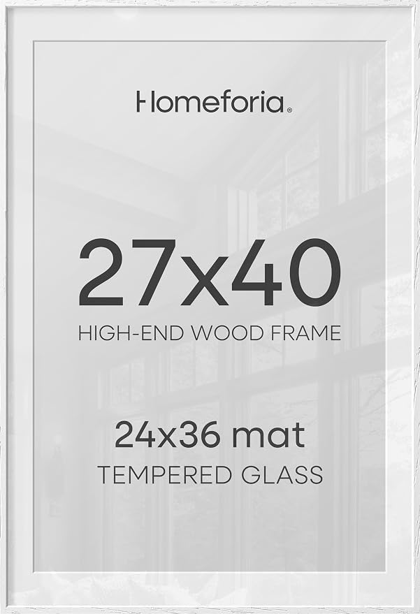 Homeforia White Poster Frame 27x40, High End Oak 27 x 40 Wood Picture Frame with Mat 24 by 36 for Photo, 27x40 Large Wooden Frame Matted to 24x36, 40x27 Thin Frames, Tempered Glass, Wall Kit, Set of 1