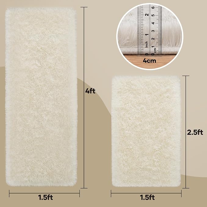 Ophanie Small Rug Washable Non Slip Throw Bedside Area Rugs, Fluffy Soft Mini Bedroom Carpet, 1.5x2.5 and 1.5x4 Rug Set, 2 Piece Ivory