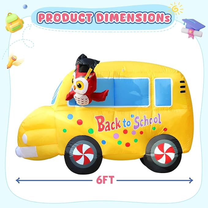 DomKom 6FT Back to School Inflatable Professor Owl & School Bus with LED Lights – Blow Up Decor for Kindergarten First Day, Welcome Back & Graduation Parties, Ideal for Patio, Garden & Yard Décor