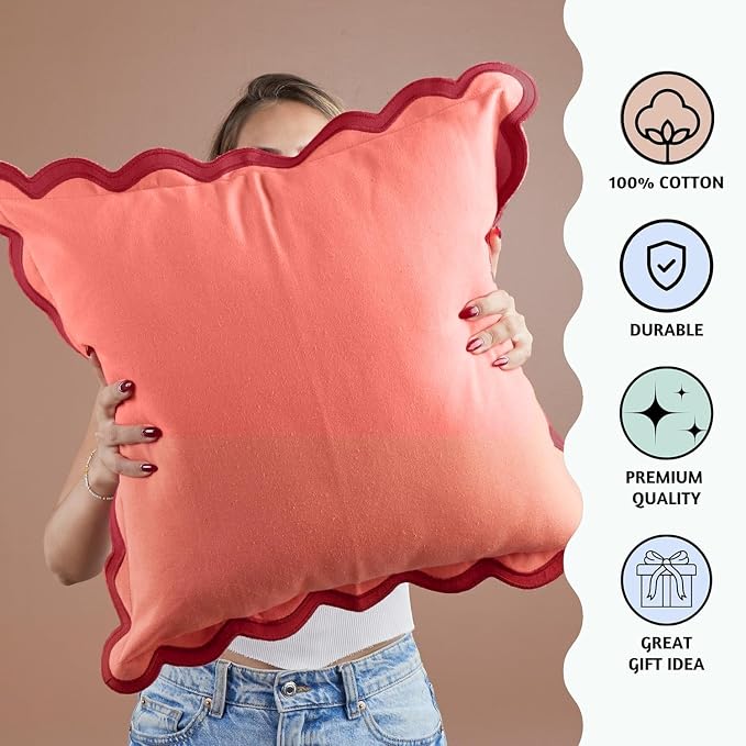Folkulture Fall Pillow Covers 18x18 - Set of 2 | Red Fall Throw Pillows for Living Room, Fall Bedroom Decor |Decorative, Cute, Aesthetic, Preppy, Scalloped Outdoor Pillows for Couch,Farmhouse Decor