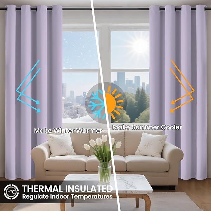 COSVIYA 100% Blackout Curtains for Bedroom with Black Liner, Full Light Blocking Thermal Insulated Grommet Window Treatment 96 Inches Length, Lilac, 2 Panels