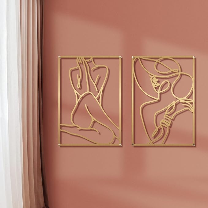 Glamativity Large 4 Pack Gold Wall Art, Minimalist Single Line Art, Real Metal Wall Art, Woman's Body Shape Abstract Art (Gold Elegant Style, L Size 22.5 x 15.7'')